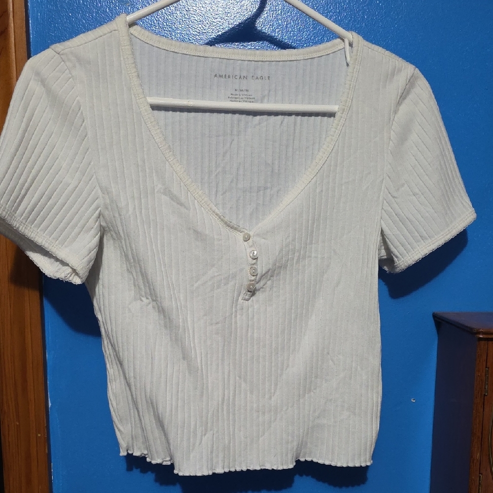 American Eagle Outfitters Women's White Ribbed Short Sleeve Top
